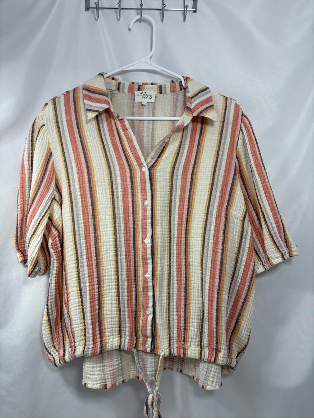 Ava James Striped Button-Front Tie-Hem Shirt 100% Cotton Size 2X